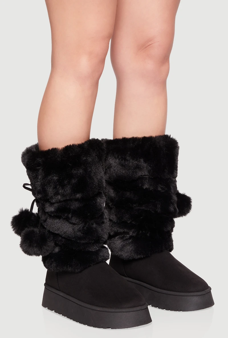Faux Fur Platform Boots with Pom Poms