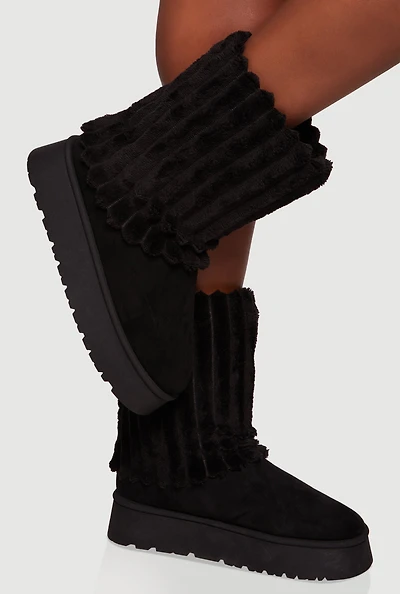 Womens Ribbed Faux Fur Round Toe Platform Booties,
