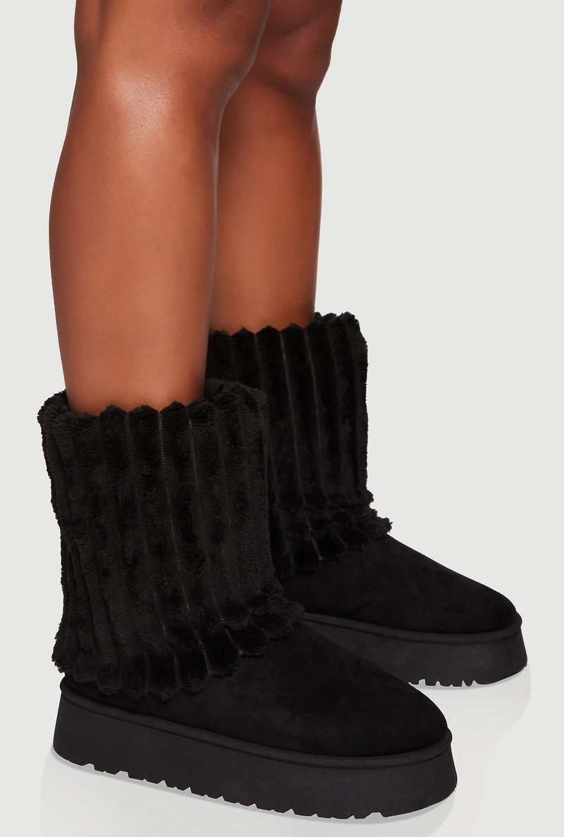 Ribbed Faux Fur Round Toe Platform Booties