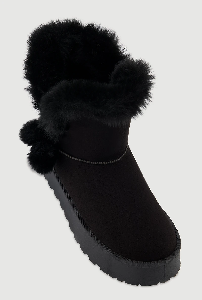 Womens Faux Suede Platform Booties with Fur Pom Poms, 6