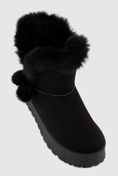 Womens Faux Suede Platform Booties with Fur Pom Poms, 6