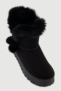 Womens Faux Suede Platform Booties with Fur Pom Poms, 6