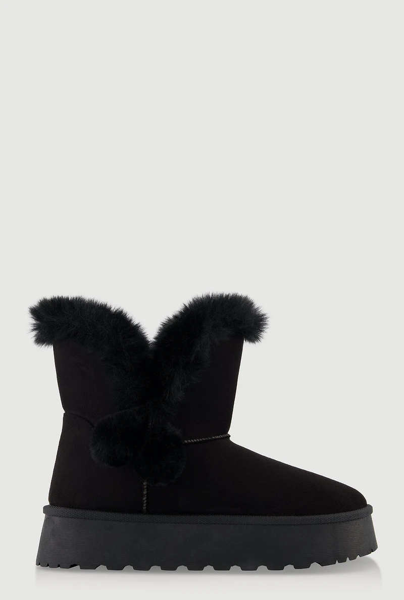 Womens Faux Suede Platform Booties with Fur Pom Poms,