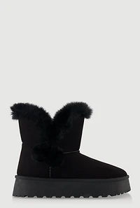 Womens Faux Suede Platform Booties with Fur Pom Poms,