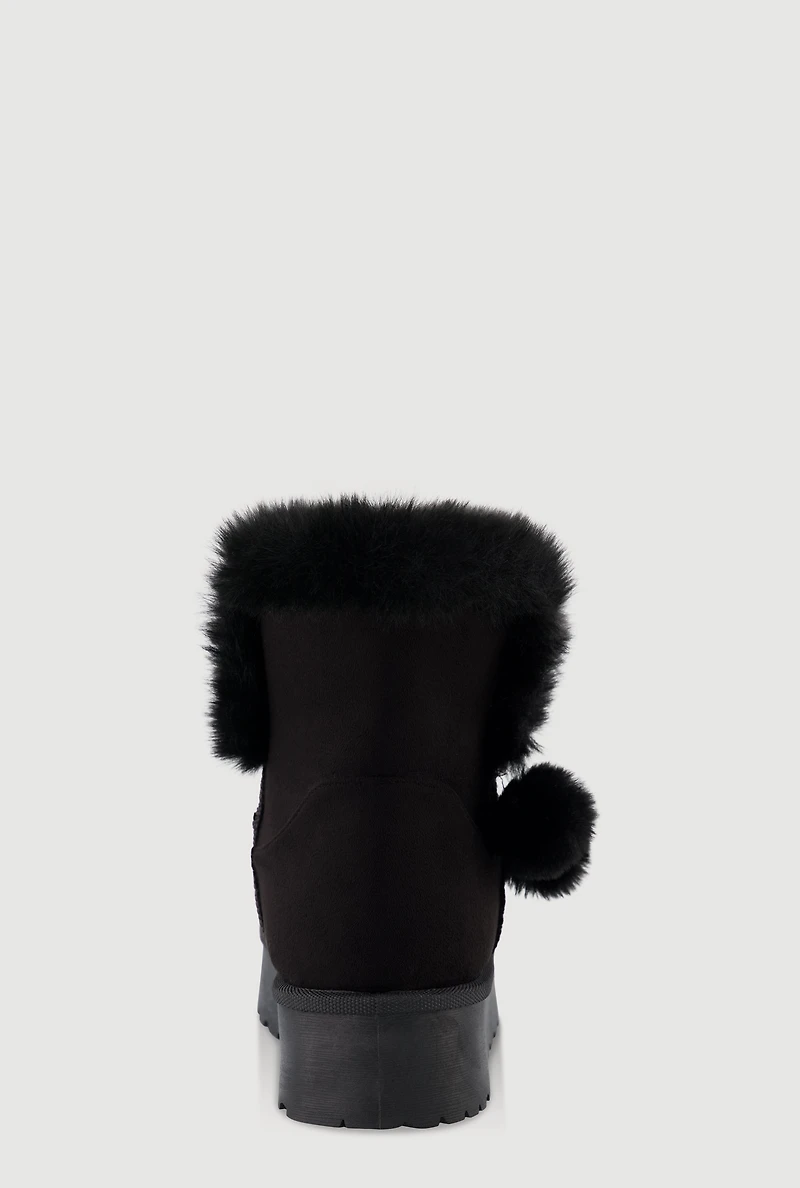 Womens Faux Suede Platform Booties with Fur Pom Poms, 6