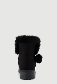 Womens Faux Suede Platform Booties with Fur Pom Poms,