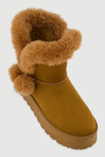 Faux Suede Platform Booties with Fur Pom Poms