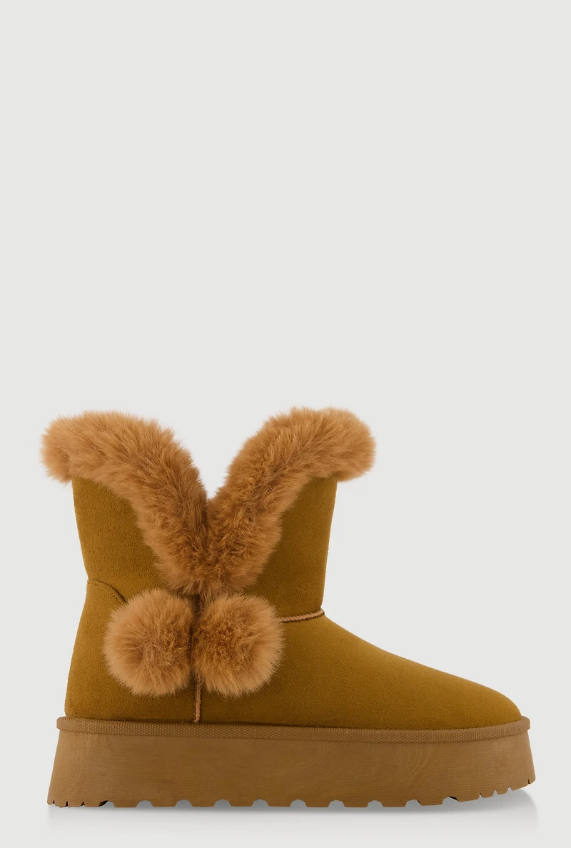 Womens Faux Suede Platform Booties with Faux Fur Pom Poms, Brown, Size 9
