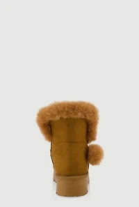 Womens Faux Suede Platform Booties with Faux Fur Pom Poms, Brown, Size 9