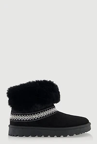 Embroidered Detail Faux Fur Cuff Ankle Boots