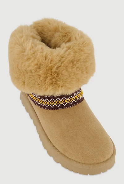 Embroidered Detail Faux Fur Cuff Ankle Boots