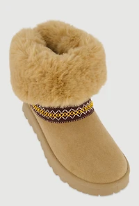 Embroidered Detail Faux Fur Cuff Ankle Boots