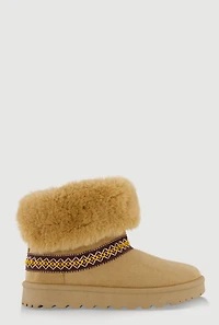 Embroidered Detail Faux Fur Cuff Ankle Boots