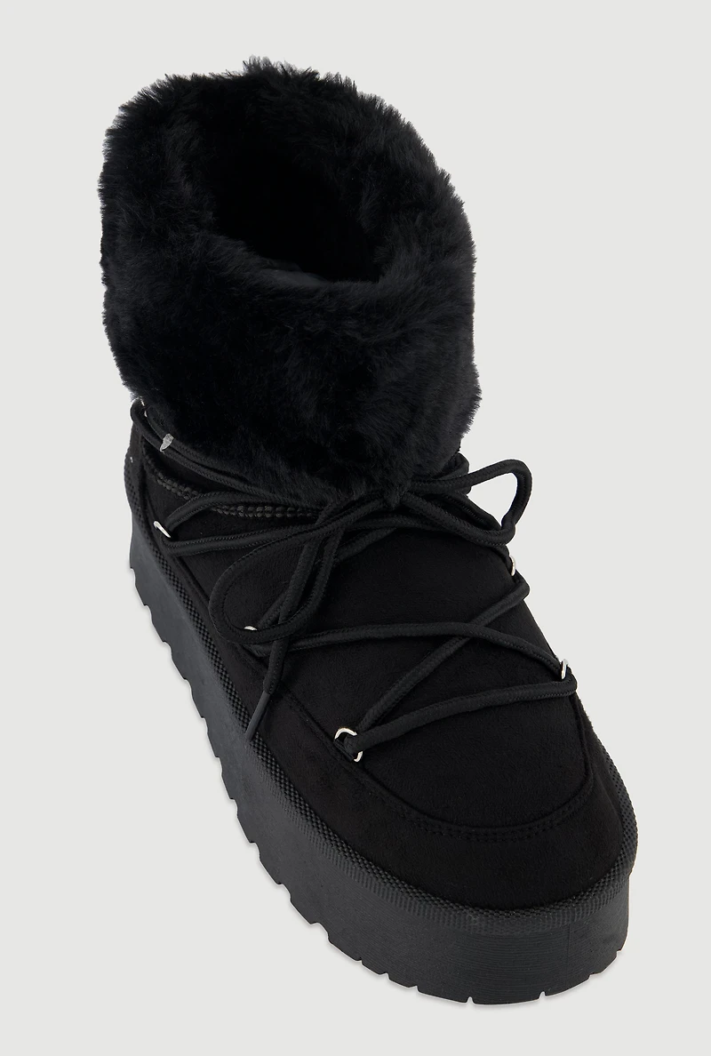 Faux Suede Lace Up Platform Booties with Fur