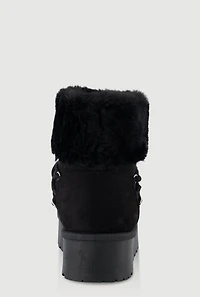 Womens Faux Suede Lace Up Platform Booties with Faux Fur, Black, Size 8.5