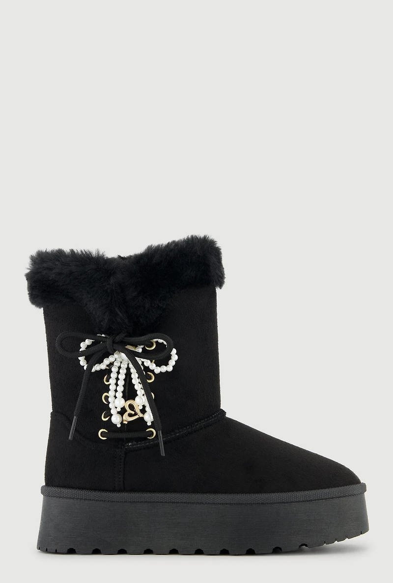 Womens Faux Fur Lined Platform Booties with Pearl Bow,