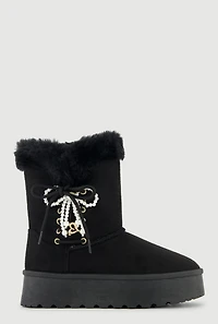 Womens Faux Fur Lined Platform Booties with Pearl Bow,