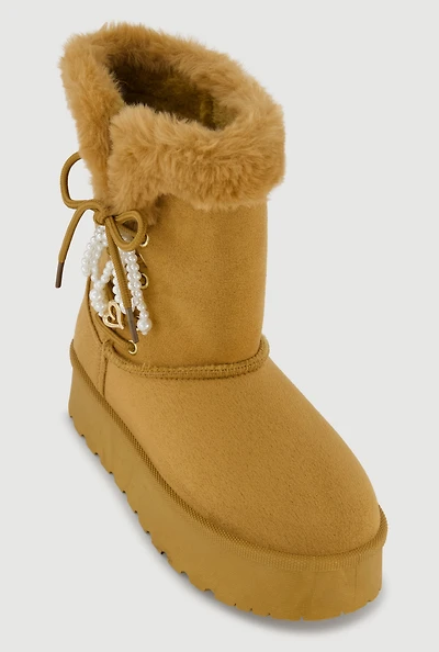 Womens Faux Fur Lined Platform Booties with Pearl Bow, Brown,