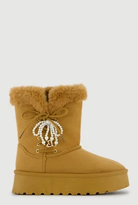 Faux Fur Lined Platform Booties with Pearl Bow