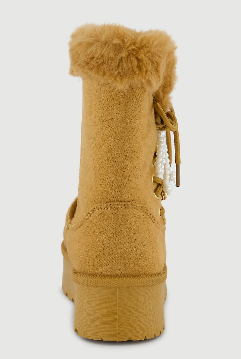 Faux Fur Lined Platform Booties with Pearl Bow