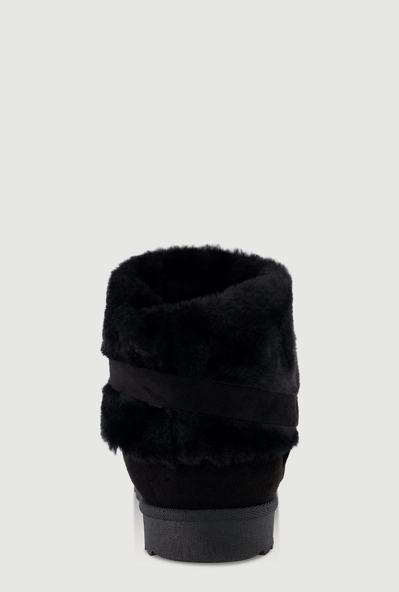 Womens Faux Fur Cuff O-Ring Harness Booties, Black, Size 7.5