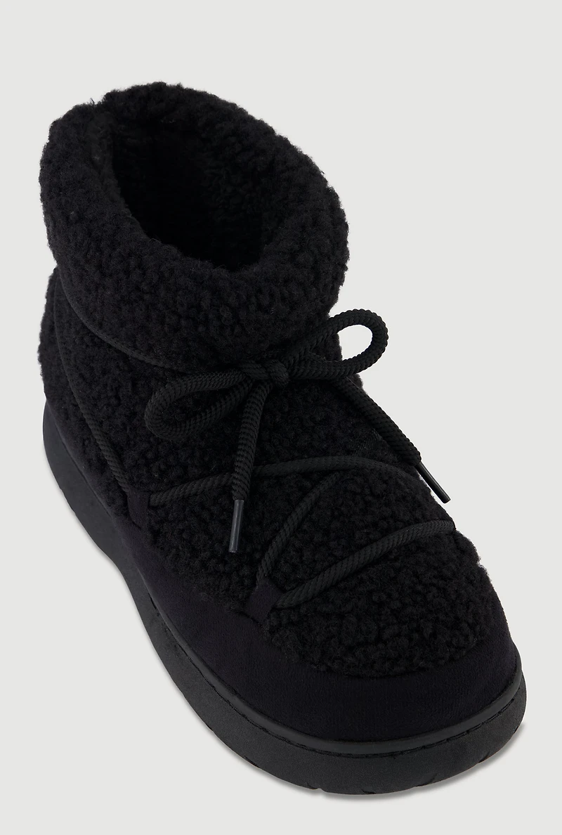 Slip On Sherpa Lace Up Flatform Booties