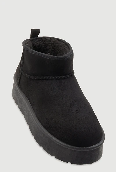 Womens Sherpa Lined Pull Tab Faux Suede Platform Ankle Boots,