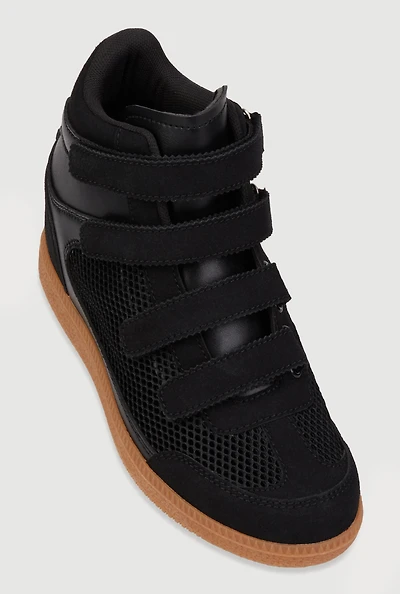 Womens Stylish Fishnet Wedge Sneakers with Velcro Straps,