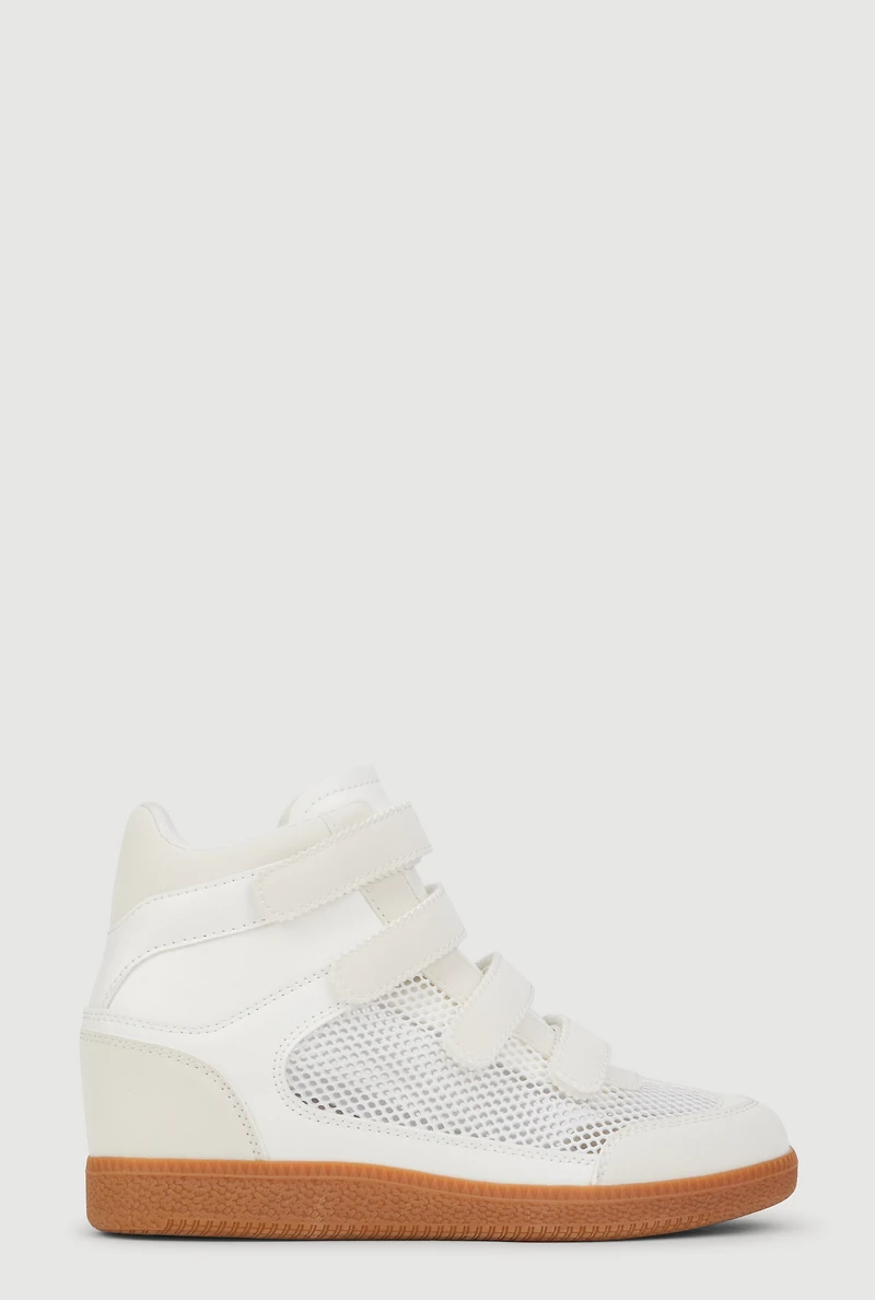 Womens Stylish Fishnet Wedge Sneakers with Velcro Straps, White, Size 11