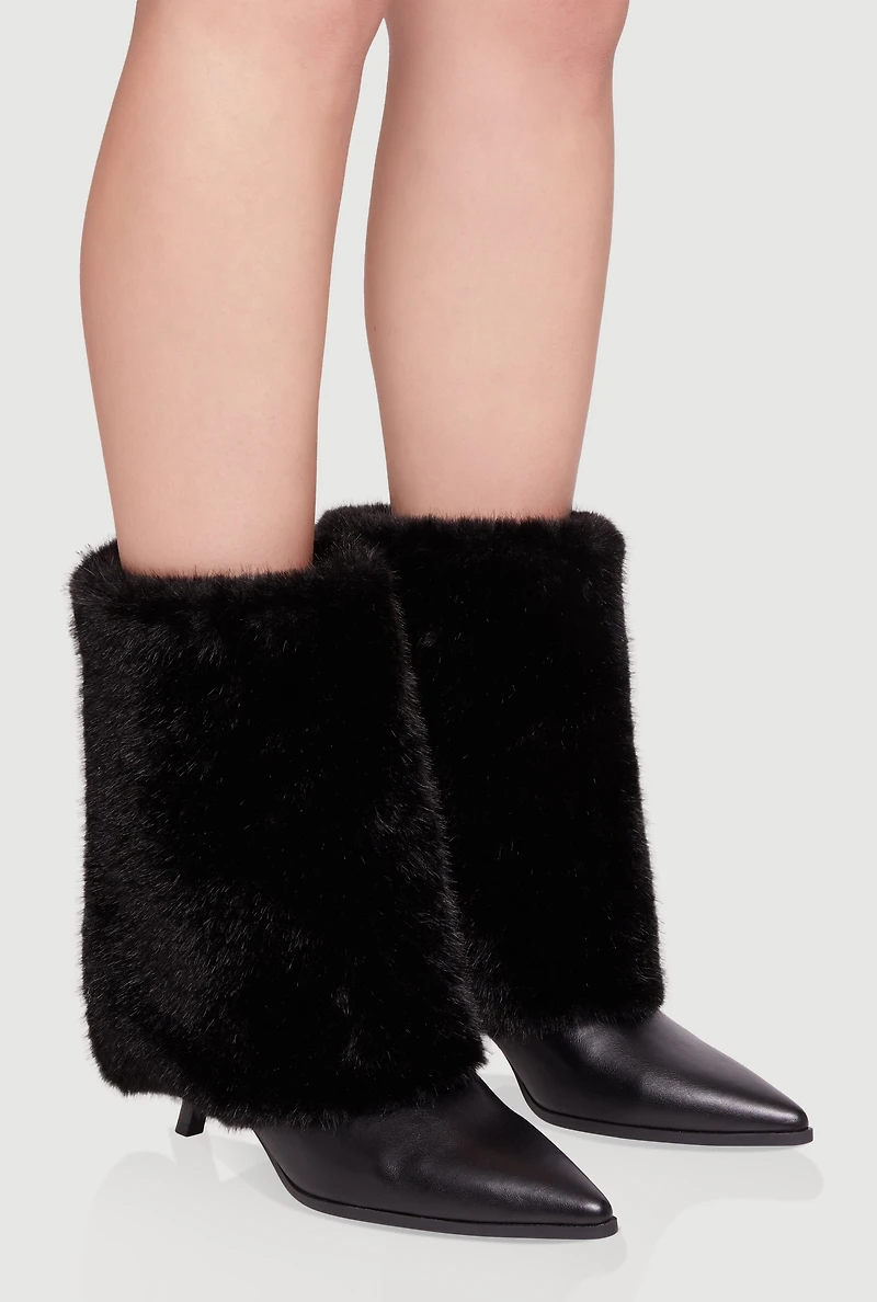 Womens Trendy Faux Fur Slanted Kitten Heel Pointed Toe Booties,