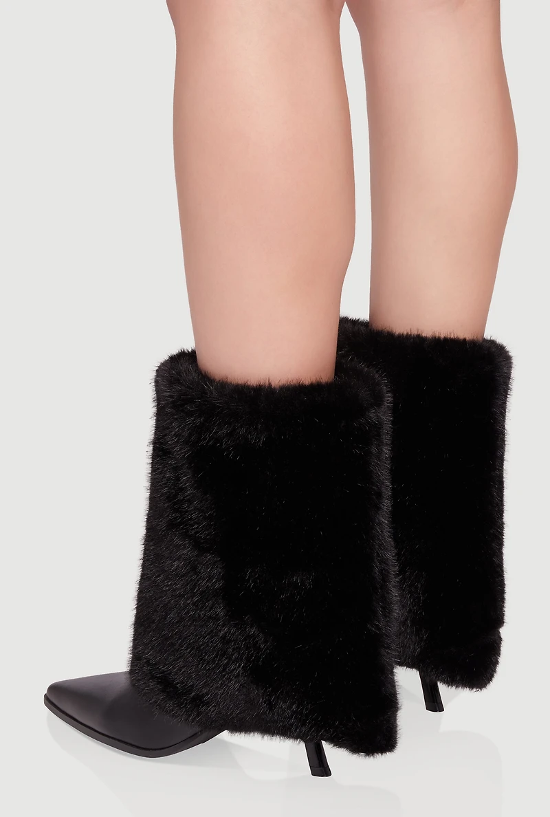 Womens Trendy Faux Fur Slanted Kitten Heel Pointed Toe Booties,
