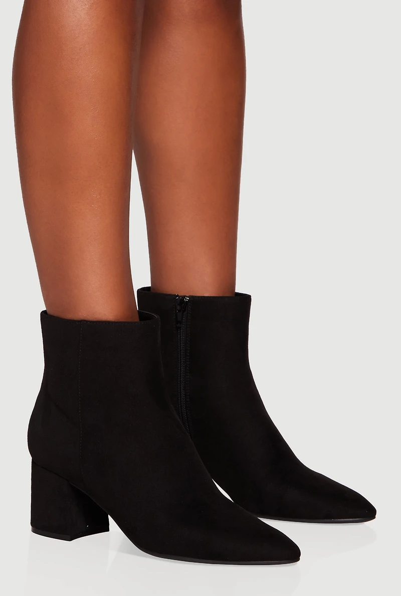 Womens Side Zip Block Heel Pointy Toe Booties,