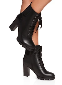 Block Heel Round Toe Lace Up Booties