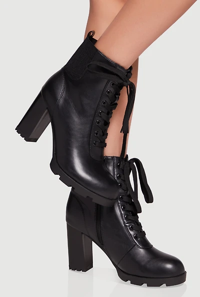 Womens Side Zip Lace Up Block Heel Combat Boots,