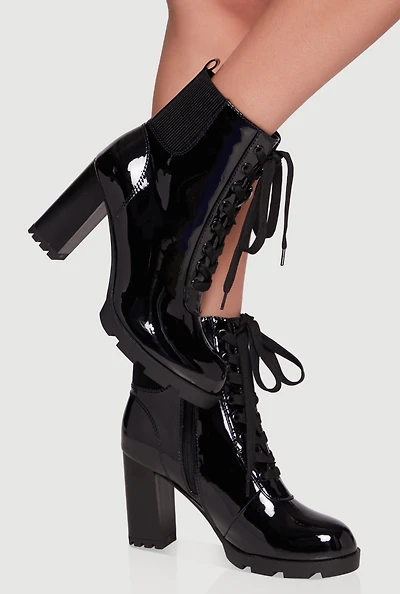 Womens Side Zip Lace Up Block Heel Combat Boots,