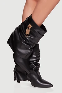 Womens Metallic Lock Charm Stiletto Pointy Toe Booties, Black,