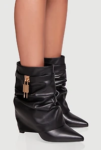 Womens Metallic Lock Charm Stiletto Pointy Toe Booties, Black,