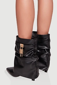 Womens Metallic Lock Charm Stiletto Pointy Toe Booties, Black,