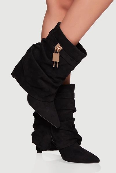 Womens Metallic Lock Charm Stiletto Pointy Toe Booties, Black,