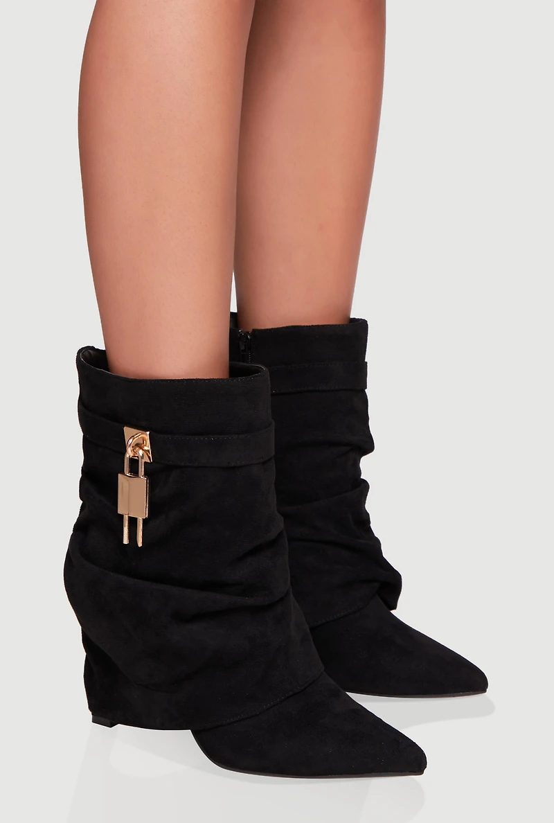 Womens Metallic Lock Charm Stiletto Pointy Toe Booties, Black,