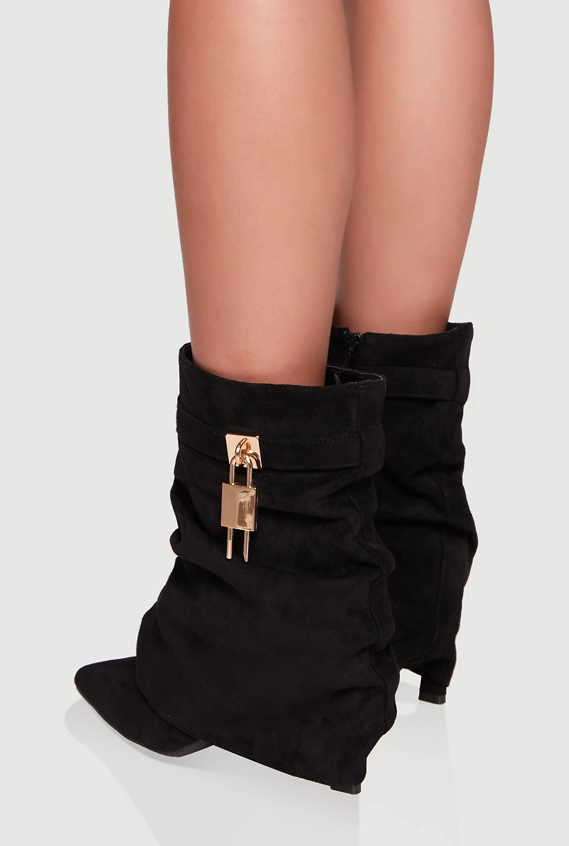 Womens Metallic Lock Charm Stiletto Pointy Toe Booties, Black,