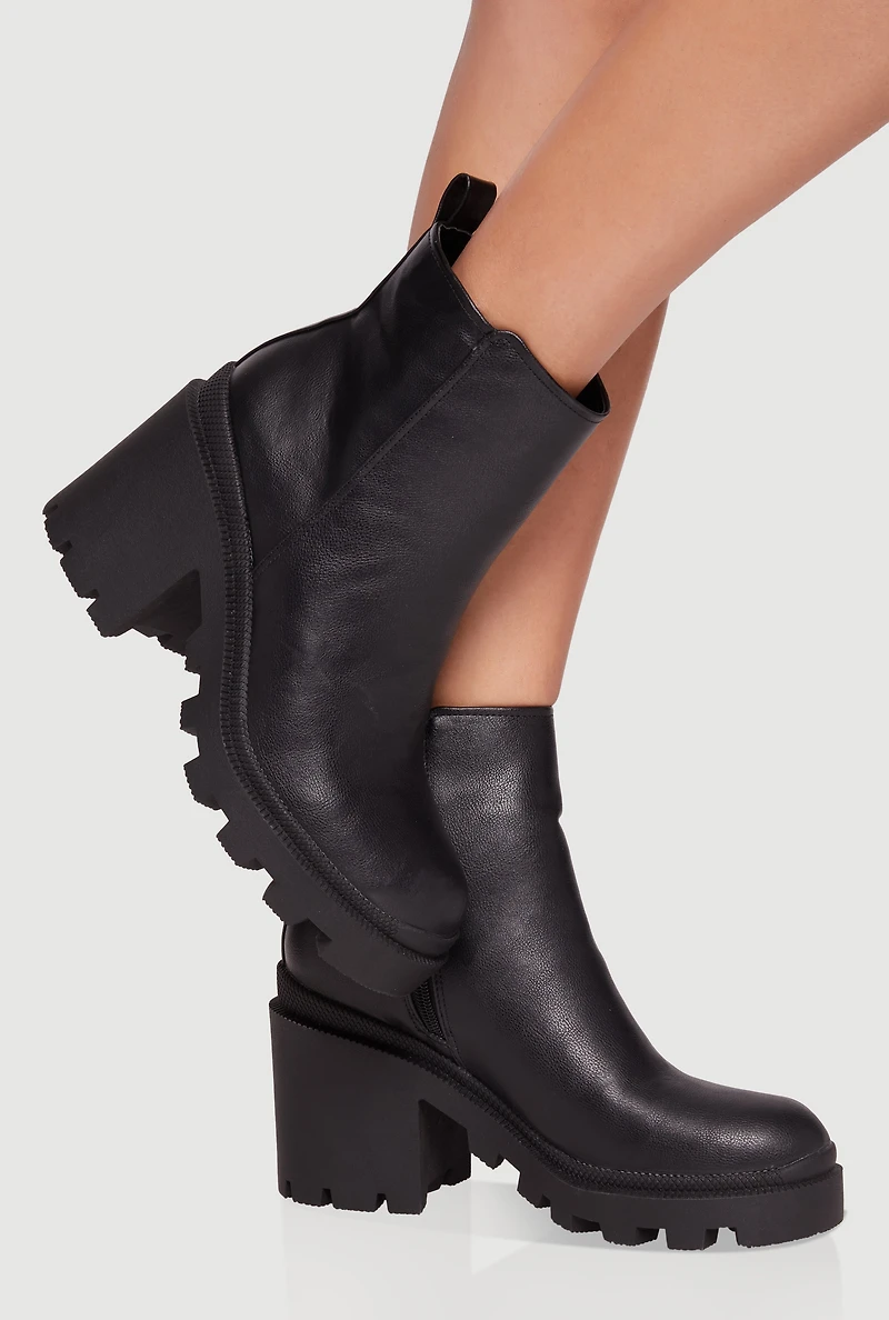 Womens Side Zip Round Toe Chunky Heel Booties, Black,