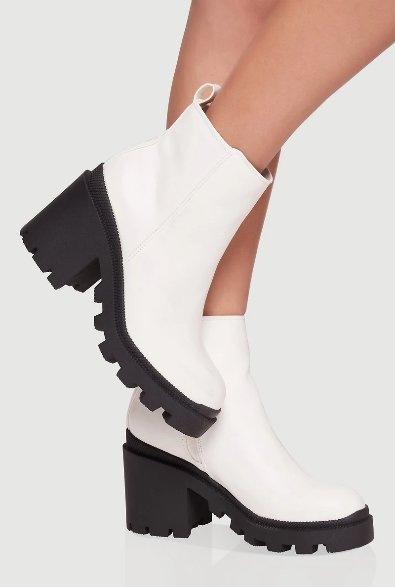 Womens Side Zip Round Toe Chunky Heel Booties, White,