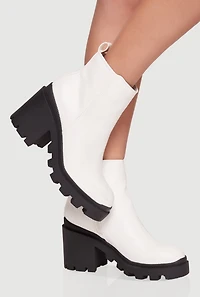Womens Side Zip Round Toe Chunky Heel Booties, White,