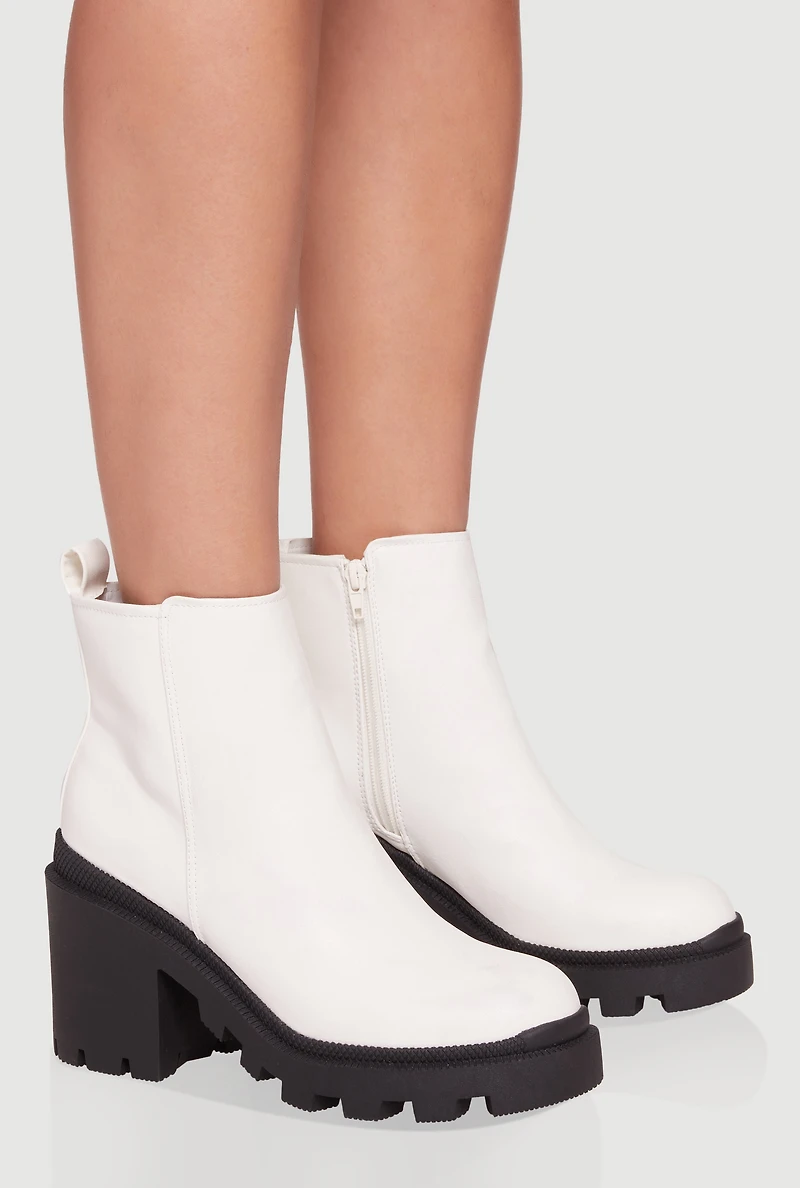 Womens Side Zip Round Toe Chunky Heel Booties, White,