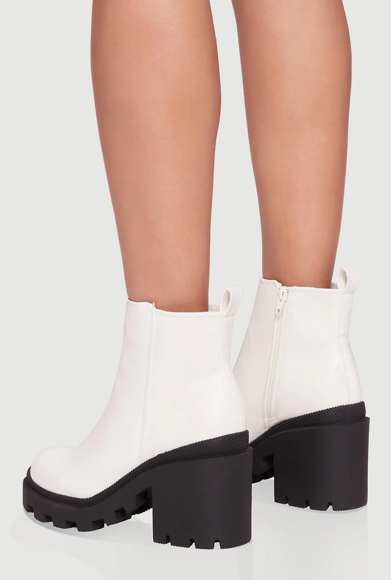 Womens Side Zip Round Toe Chunky Heel Booties, White,