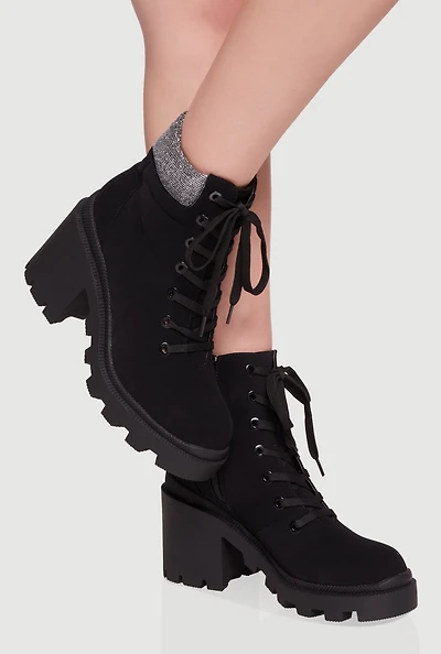 Womens Chunky Platform Combat Boots with Lurex Cuff,