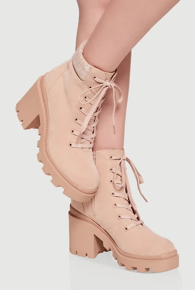 Womens Chunky Platform Combat Boots with Lurex Cuff, Pink, Size 7.5