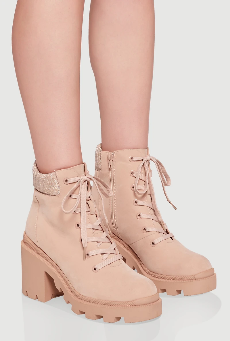 Womens Chunky Platform Combat Boots with Lurex Cuff, Pink, Size 7.5