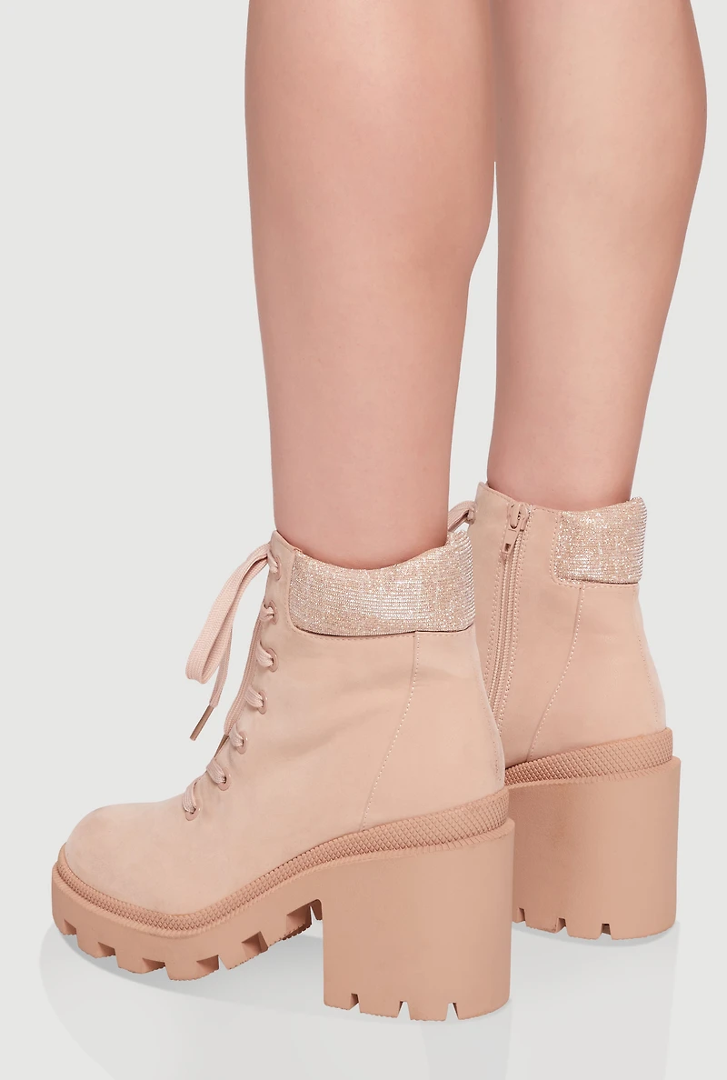 Womens Chunky Platform Combat Boots with Lurex Cuff, Pink, Size 7.5